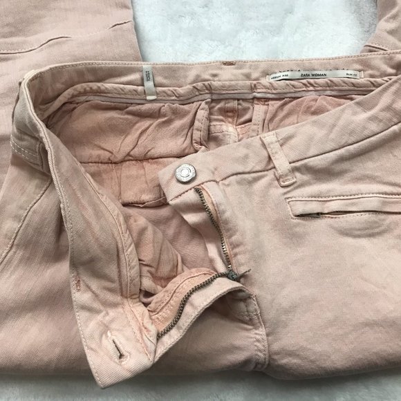 Zara Woman Medium Rise Skinny Fit Slim Leg Jeans Pink Size 8 Shirred Knee Moto - Picture 9 of 13